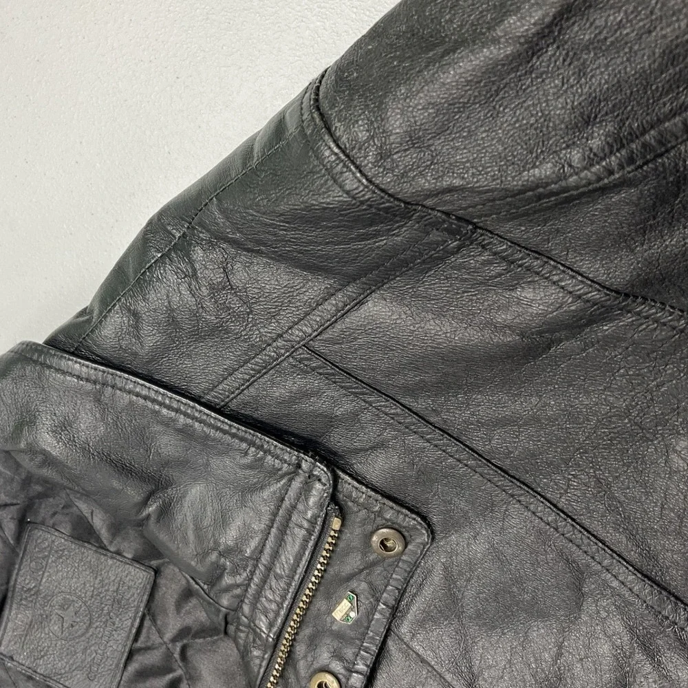 Adventure Bound Leather Jacket Mens L Black Bomber Quilted Lined Full Zip Vtg